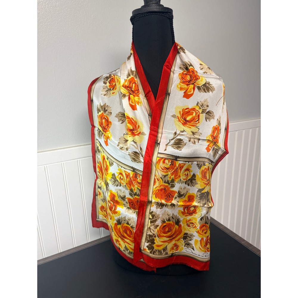 Oscar de la Renta Vintage Silk Scarf Orange Yellow Floral Rose Bamboo 50x10